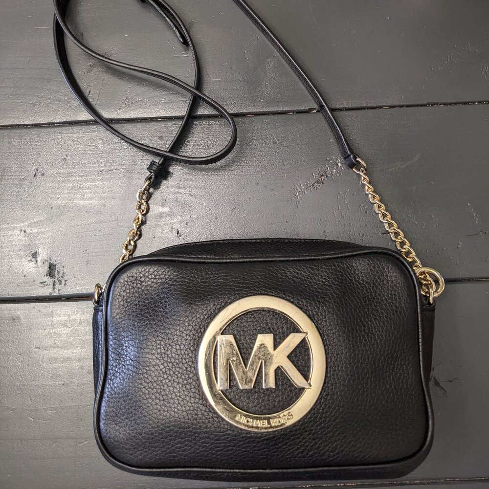 Michael Kors Black Gold Leather Large MK Logo Crossbody Purse Bag